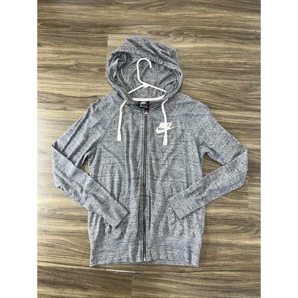 Nike Hoodie Women Medium Gray White Swoosh Zip Sweatshirt Jacket Lightweight